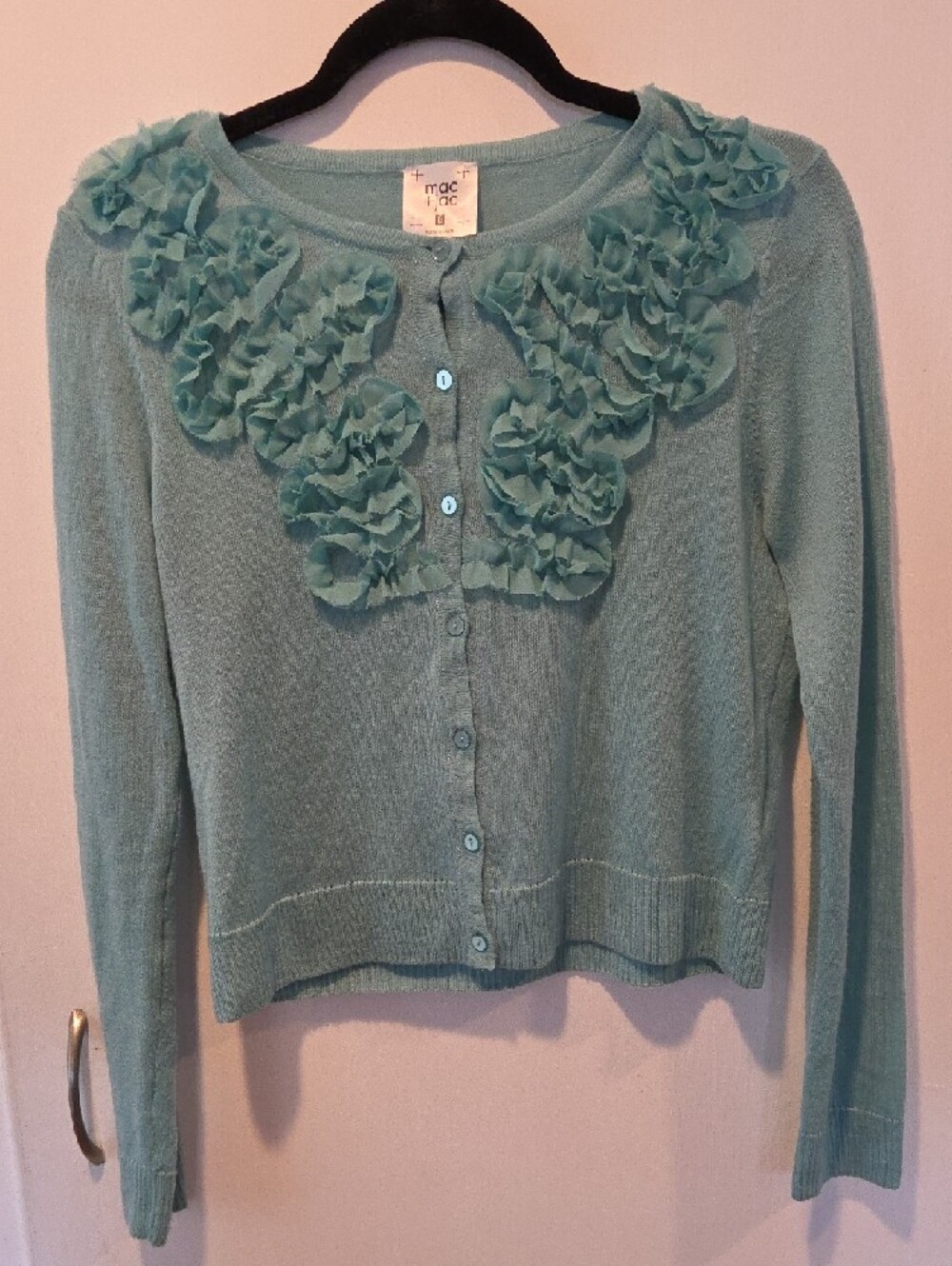 mac & jac Aqua Ruffle-Trim Button Cardigan L